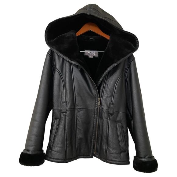 Wilsons Leather Hooded Aviator Coat Small Biker Heavyweight Shearling Lined - Picture 1 of 13